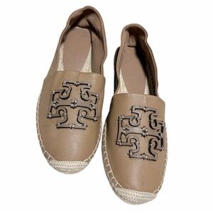 Tory Burch Taupe Leather Espadrille Flats with Logo Medallion